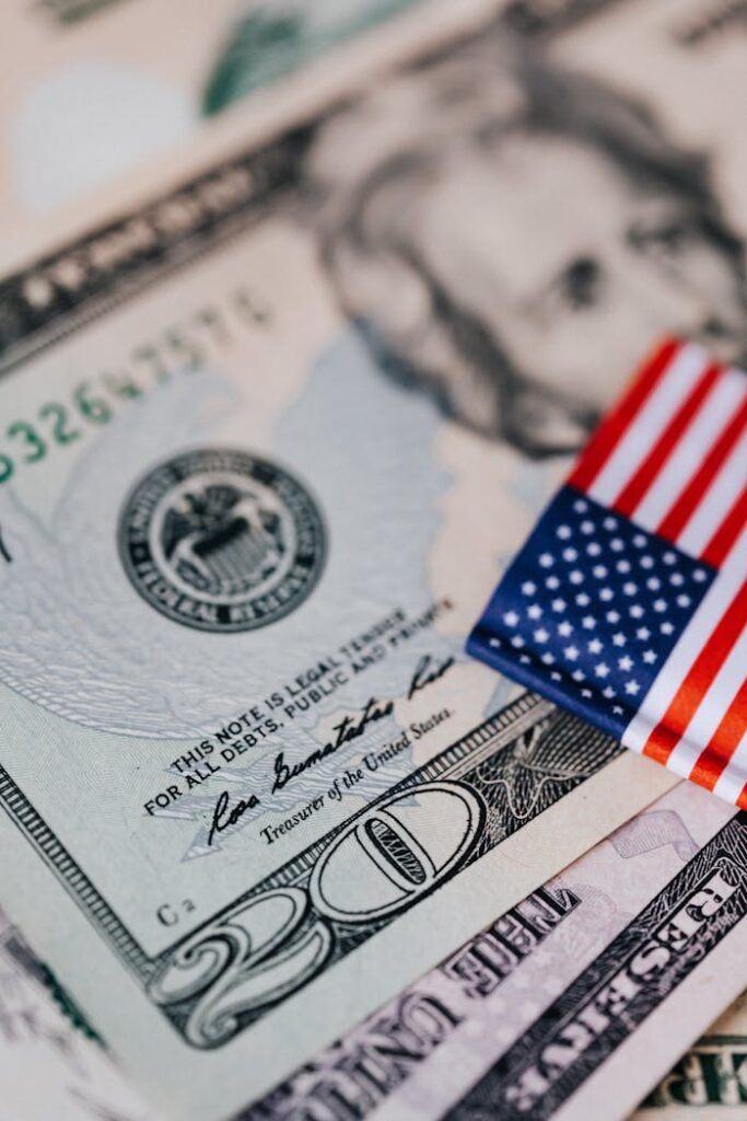 Closeup of small bright American flag placed on various dollar bills